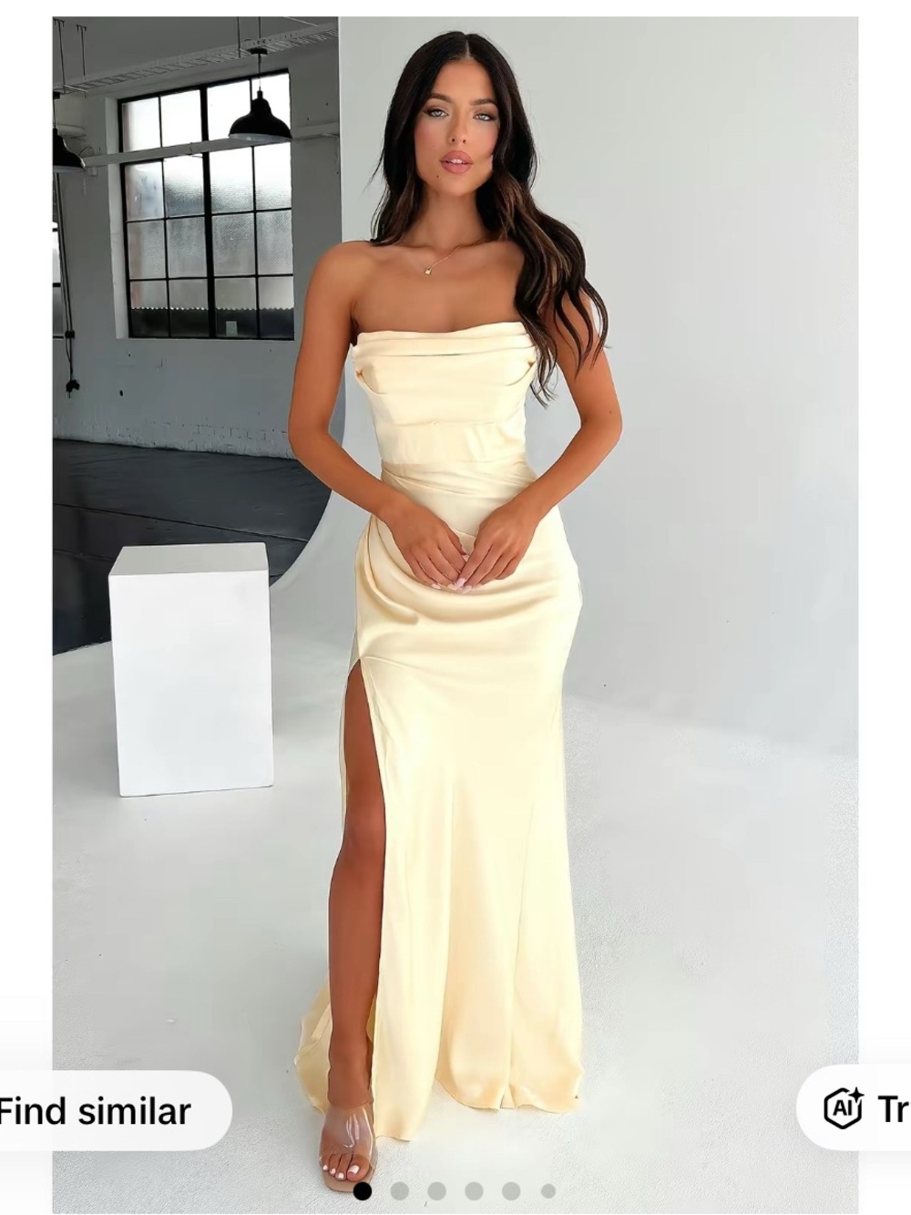 Strapless Butter Yellow Satin Evening Gown with High Side Slit